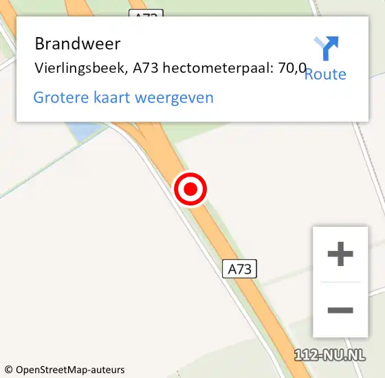 Locatie op kaart van de 112 melding: Brandweer Vierlingsbeek, A73 hectometerpaal: 71,0 op 24 september 2014 21:08