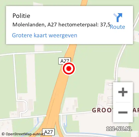 Locatie op kaart van de 112 melding: Politie Molenlanden, A27 hectometerpaal: 37,5 op 6 februari 2024 14:59