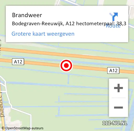 Locatie op kaart van de 112 melding: Brandweer Bodegraven-Reeuwijk, A12 hectometerpaal: 38,3 op 6 februari 2024 15:05