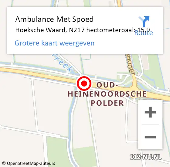 Locatie op kaart van de 112 melding: Ambulance Met Spoed Naar Hoeksche Waard, N217 hectometerpaal: 15,9 op 6 februari 2024 15:31