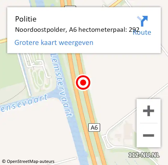 Locatie op kaart van de 112 melding: Politie Noordoostpolder, A6 hectometerpaal: 292 op 6 februari 2024 16:15