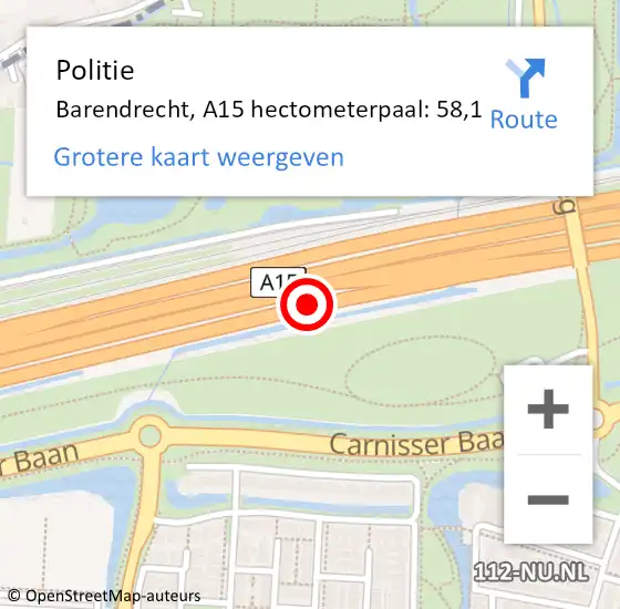 Locatie op kaart van de 112 melding: Politie Barendrecht, A15 hectometerpaal: 58,1 op 6 februari 2024 17:10