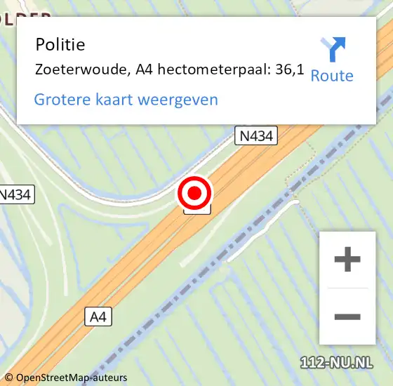 Locatie op kaart van de 112 melding: Politie Zoeterwoude, A4 hectometerpaal: 36,1 op 6 februari 2024 17:11