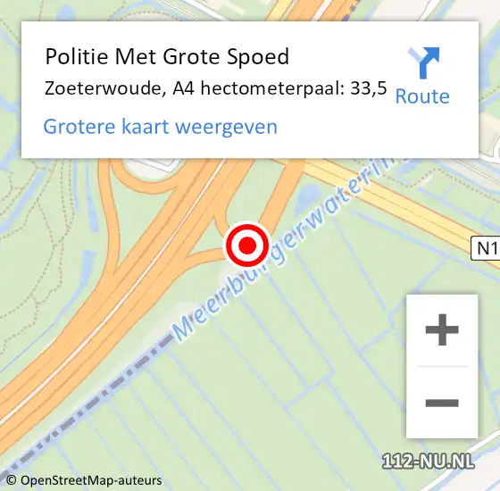 Locatie op kaart van de 112 melding: Politie Met Grote Spoed Naar Zoeterwoude, A4 hectometerpaal: 33,5 op 6 februari 2024 18:21