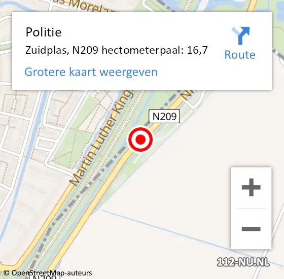 Locatie op kaart van de 112 melding: Politie Zuidplas, N209 hectometerpaal: 16,7 op 6 februari 2024 20:07