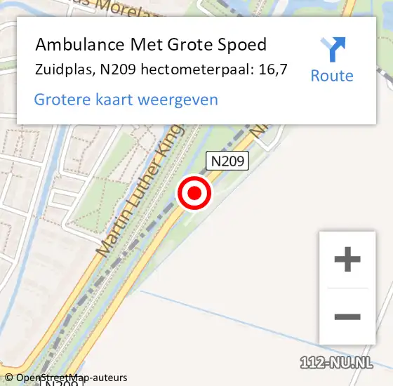 Locatie op kaart van de 112 melding: Ambulance Met Grote Spoed Naar Zuidplas, N209 hectometerpaal: 16,7 op 6 februari 2024 20:10