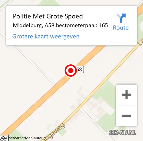 Locatie op kaart van de 112 melding: Politie Met Grote Spoed Naar Middelburg, A58 hectometerpaal: 165 op 6 februari 2024 20:16