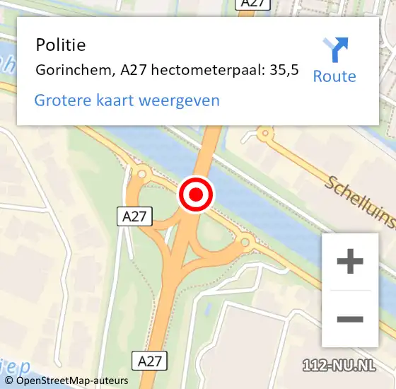 Locatie op kaart van de 112 melding: Politie Gorinchem, A27 hectometerpaal: 35,5 op 6 februari 2024 22:31
