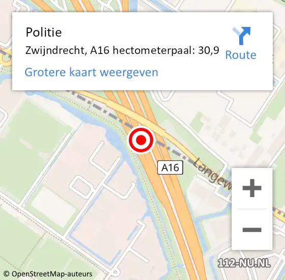 Locatie op kaart van de 112 melding: Politie Zwijndrecht, A16 hectometerpaal: 30,9 op 7 februari 2024 05:41