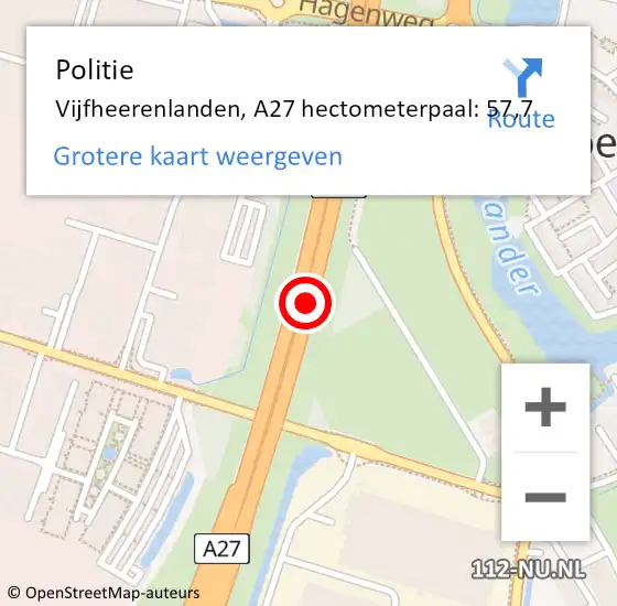 Locatie op kaart van de 112 melding: Politie Vijfheerenlanden, A27 hectometerpaal: 57,7 op 7 februari 2024 07:00