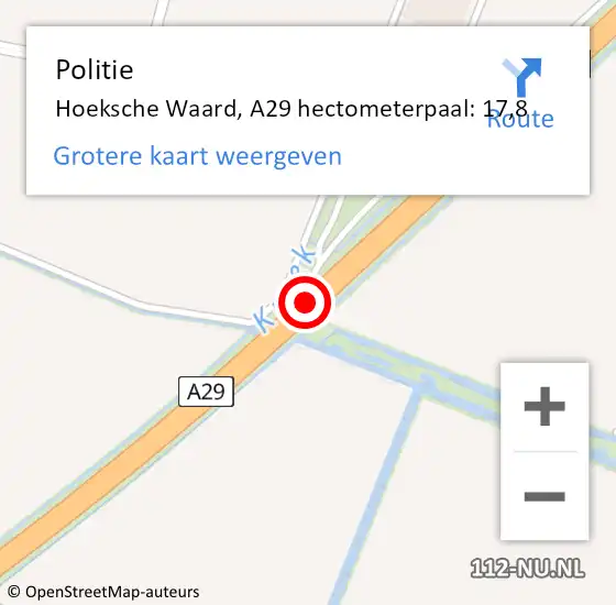 Locatie op kaart van de 112 melding: Politie Hoeksche Waard, A29 hectometerpaal: 17,8 op 7 februari 2024 08:41