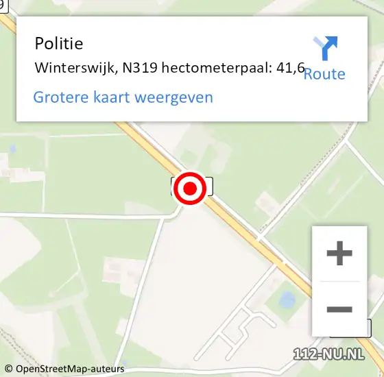 Locatie op kaart van de 112 melding: Politie Winterswijk, N319 hectometerpaal: 41,6 op 7 februari 2024 09:45