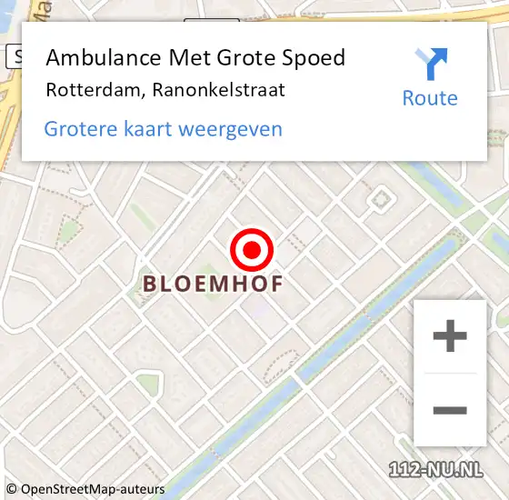 Locatie op kaart van de 112 melding: Ambulance Met Grote Spoed Naar Rotterdam, Ranonkelstraat op 7 februari 2024 12:51