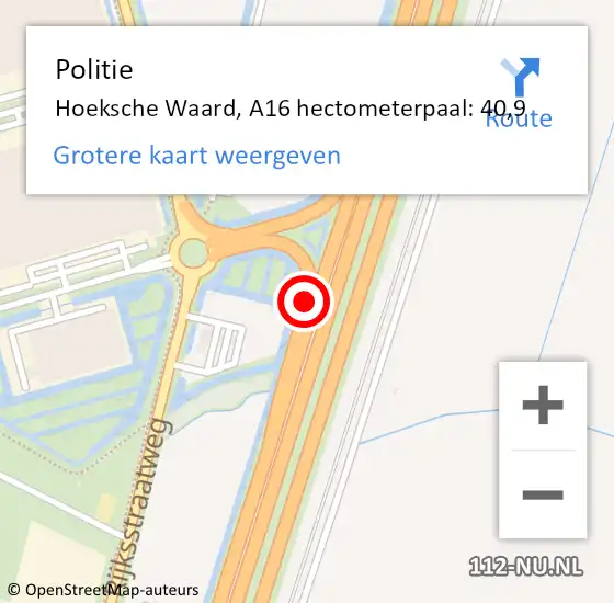 Locatie op kaart van de 112 melding: Politie Hoeksche Waard, A16 hectometerpaal: 40,9 op 7 februari 2024 13:15