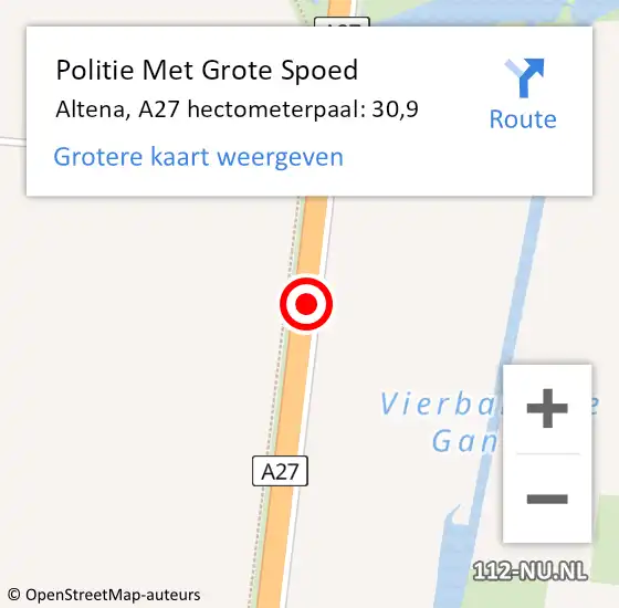 Locatie op kaart van de 112 melding: Politie Met Grote Spoed Naar Altena, A27 hectometerpaal: 30,9 op 7 februari 2024 14:38
