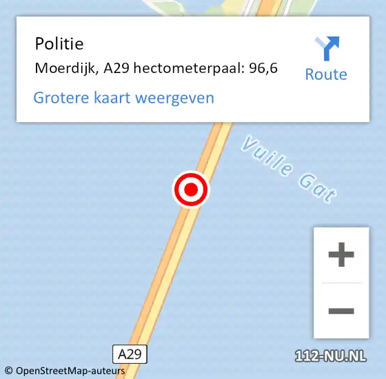 Locatie op kaart van de 112 melding: Politie Moerdijk, A29 hectometerpaal: 96,6 op 7 februari 2024 15:10