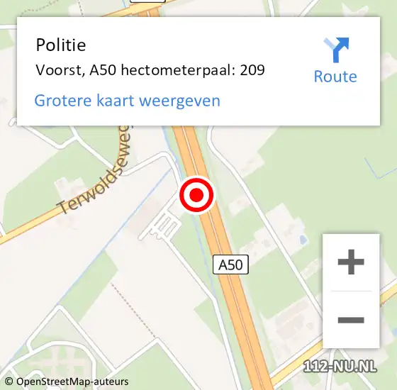 Locatie op kaart van de 112 melding: Politie Voorst, A50 hectometerpaal: 209 op 7 februari 2024 16:28