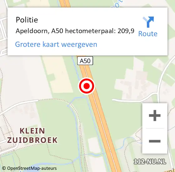 Locatie op kaart van de 112 melding: Politie Apeldoorn, A50 hectometerpaal: 209,9 op 7 februari 2024 16:30
