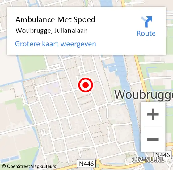 Locatie op kaart van de 112 melding: Ambulance Met Spoed Naar Woubrugge, Julianalaan op 7 februari 2024 16:45