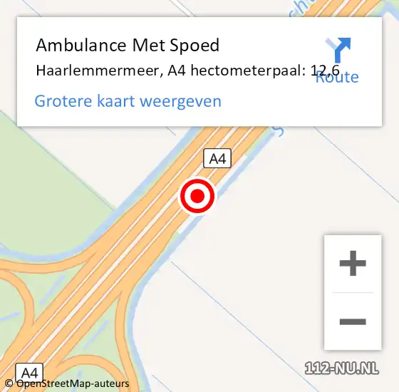 Locatie op kaart van de 112 melding: Ambulance Met Spoed Naar Haarlemmermeer, A4 hectometerpaal: 12,6 op 7 februari 2024 17:40