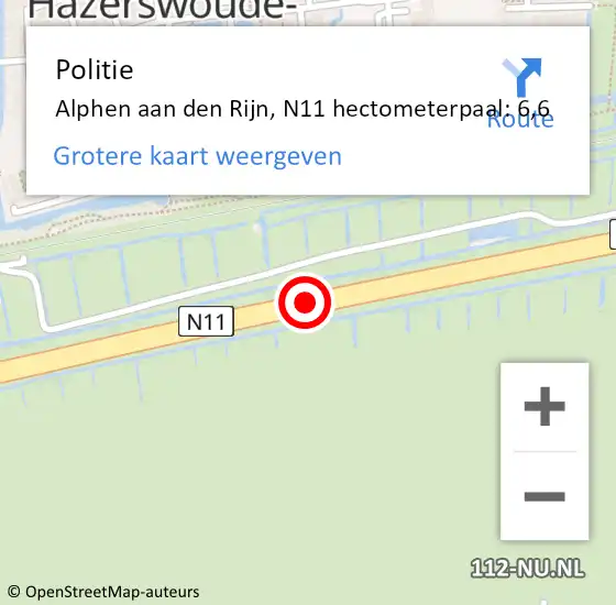 Locatie op kaart van de 112 melding: Politie Alphen aan den Rijn, N11 hectometerpaal: 6,6 op 7 februari 2024 17:50