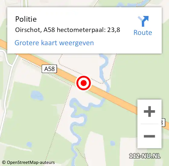 Locatie op kaart van de 112 melding: Politie Oirschot, A58 hectometerpaal: 23,8 op 7 februari 2024 18:16