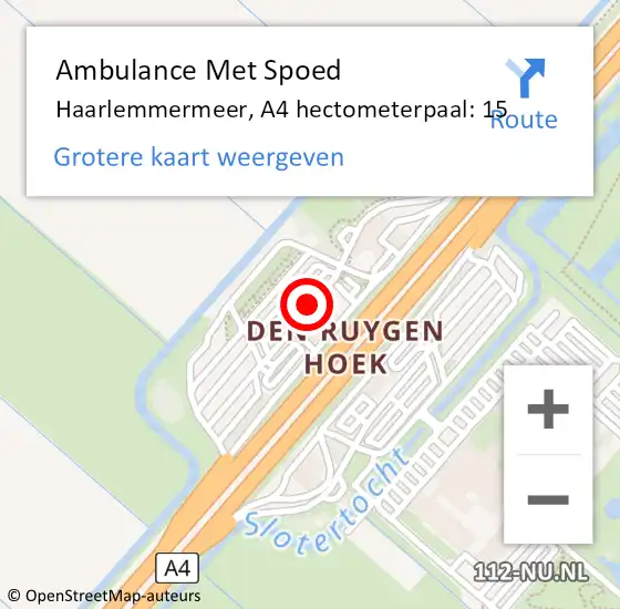 Locatie op kaart van de 112 melding: Ambulance Met Spoed Naar Haarlemmermeer, A4 hectometerpaal: 15 op 7 februari 2024 21:30