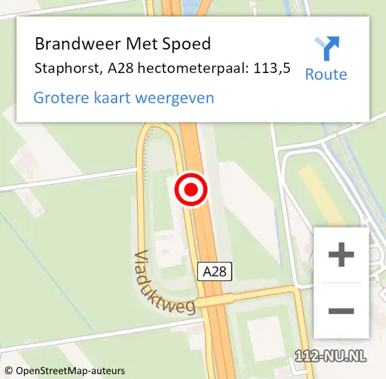 Locatie op kaart van de 112 melding: Brandweer Met Spoed Naar Staphorst, A28 hectometerpaal: 113,5 op 7 februari 2024 22:04