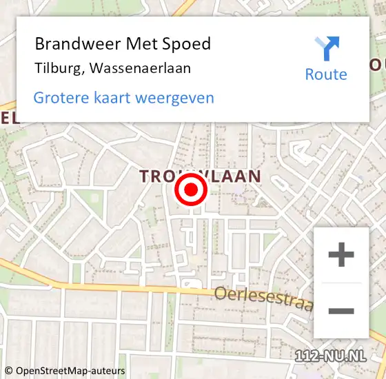 Locatie op kaart van de 112 melding: Brandweer Met Spoed Naar Tilburg, Wassenaerlaan op 7 februari 2024 22:04