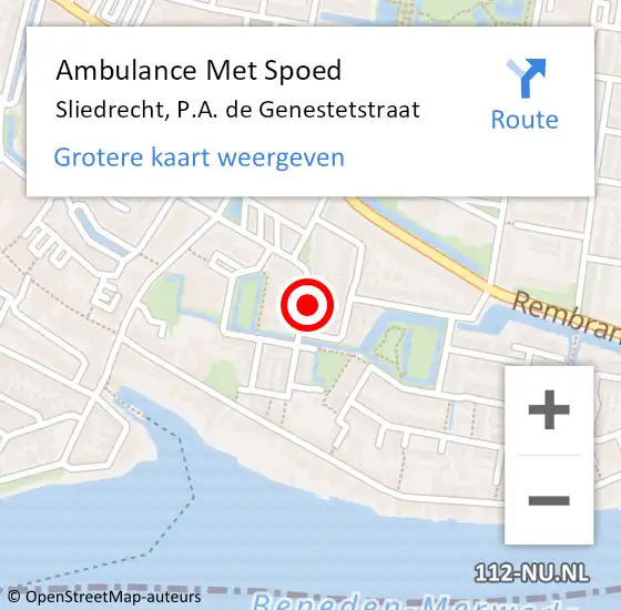 Locatie op kaart van de 112 melding: Ambulance Met Spoed Naar Sliedrecht, P.A. de Genestetstraat op 7 februari 2024 23:57