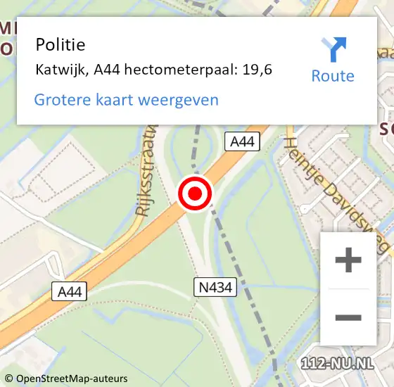 Locatie op kaart van de 112 melding: Politie Katwijk, A44 hectometerpaal: 19,6 op 8 februari 2024 07:27