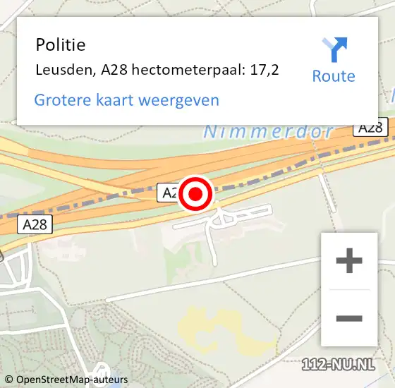 Locatie op kaart van de 112 melding: Politie Leusden, A28 hectometerpaal: 17,2 op 8 februari 2024 07:39