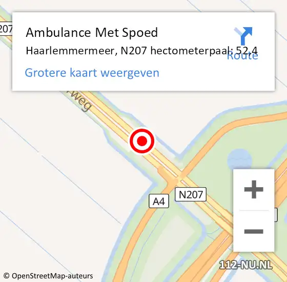 Locatie op kaart van de 112 melding: Ambulance Met Spoed Naar Haarlemmermeer, N207 hectometerpaal: 52,4 op 8 februari 2024 07:42