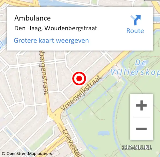 Locatie op kaart van de 112 melding: Ambulance Den Haag, Woudenbergstraat op 8 februari 2024 07:46