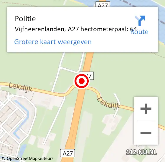 Locatie op kaart van de 112 melding: Politie Vijfheerenlanden, A27 hectometerpaal: 64 op 8 februari 2024 08:44