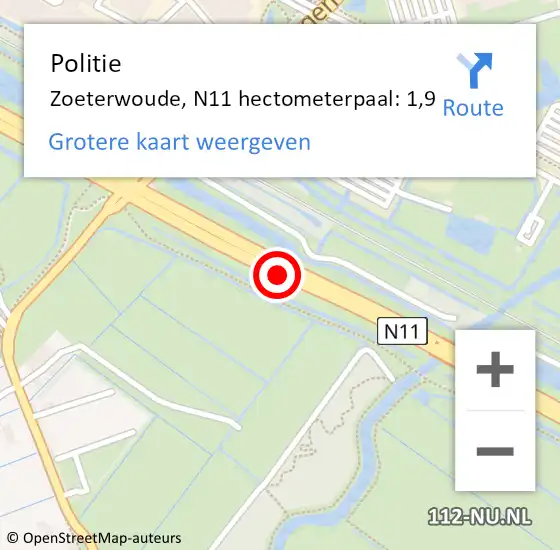 Locatie op kaart van de 112 melding: Politie Zoeterwoude, N11 hectometerpaal: 1,9 op 8 februari 2024 09:59