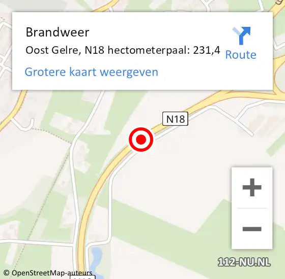 Locatie op kaart van de 112 melding: Brandweer Oost Gelre, N18 hectometerpaal: 231,4 op 8 februari 2024 10:41