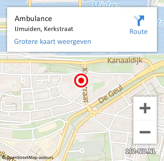 Locatie op kaart van de 112 melding: Ambulance IJmuiden, Kerkstraat op 8 februari 2024 13:47