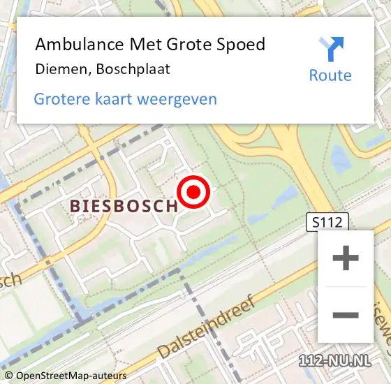 Locatie op kaart van de 112 melding: Ambulance Met Grote Spoed Naar Diemen, Boschplaat op 8 februari 2024 14:00