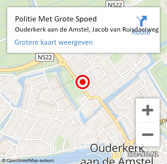 Locatie op kaart van de 112 melding: Politie Met Grote Spoed Naar Ouderkerk aan de Amstel, Jacob van Ruisdaelweg op 8 februari 2024 15:37