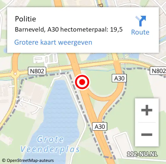 Locatie op kaart van de 112 melding: Politie Barneveld, A30 hectometerpaal: 19,5 op 8 februari 2024 15:39