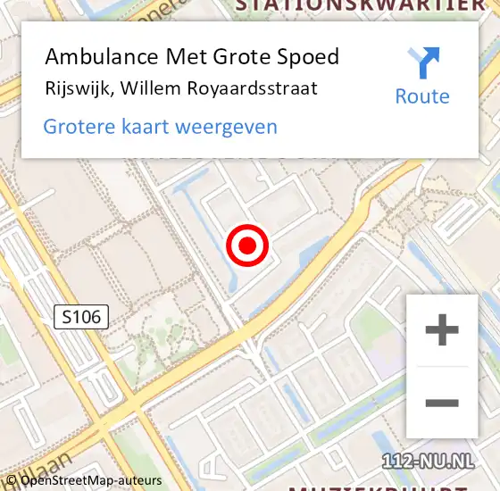 Locatie op kaart van de 112 melding: Ambulance Met Grote Spoed Naar Rijswijk, Willem Royaardsstraat op 8 februari 2024 15:44