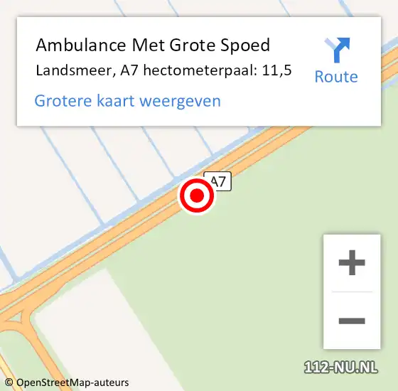 Locatie op kaart van de 112 melding: Ambulance Met Grote Spoed Naar Landsmeer, A7 hectometerpaal: 11,5 op 8 februari 2024 16:08