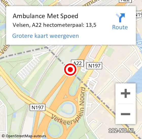 Locatie op kaart van de 112 melding: Ambulance Met Spoed Naar Velsen, A22 hectometerpaal: 13,5 op 8 februari 2024 16:50