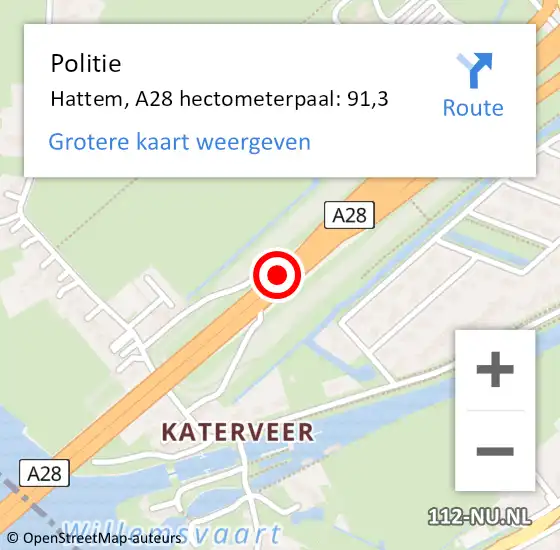 Locatie op kaart van de 112 melding: Politie Hattem, A28 hectometerpaal: 91,3 op 8 februari 2024 17:15