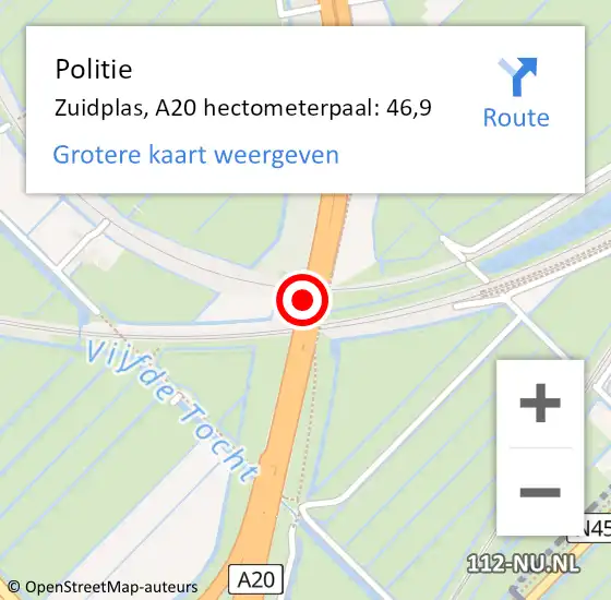 Locatie op kaart van de 112 melding: Politie Zuidplas, A20 hectometerpaal: 46,9 op 8 februari 2024 19:45