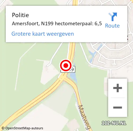 Locatie op kaart van de 112 melding: Politie Amersfoort, N199 hectometerpaal: 6,5 op 8 februari 2024 20:27