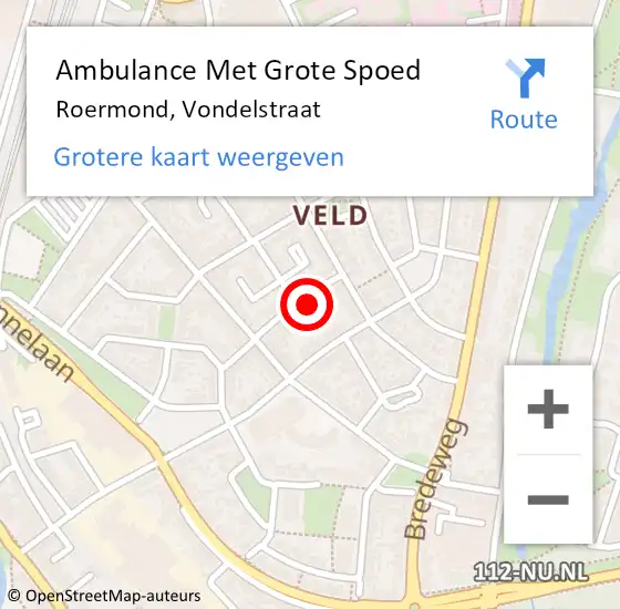 Locatie op kaart van de 112 melding: Ambulance Met Grote Spoed Naar Roermond, Vondelstraat op 8 februari 2024 23:11