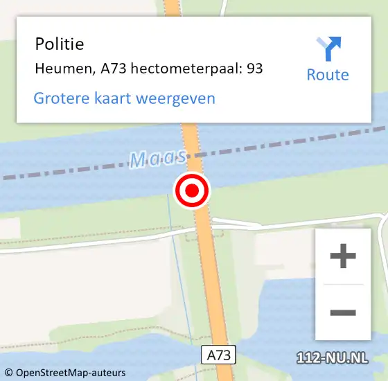 Locatie op kaart van de 112 melding: Politie Heumen, A73 hectometerpaal: 93 op 8 februari 2024 23:44