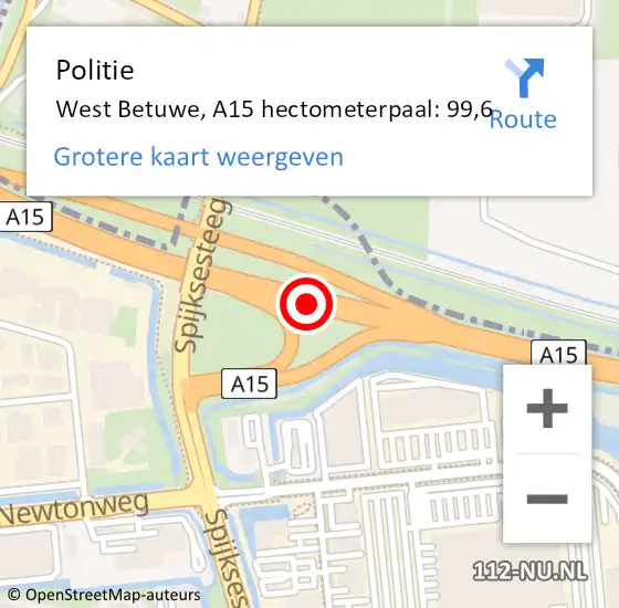 Locatie op kaart van de 112 melding: Politie West Betuwe, A15 hectometerpaal: 99,6 op 9 februari 2024 00:43